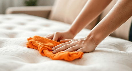 Hands cleaning a mattress with an orange cloth in a UK home.