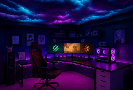 A gaming room with a gaming chair andhas lights that are blue and purple in colour.