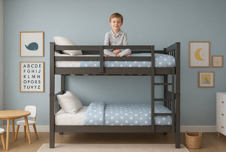 Child sitting on the top bunk.