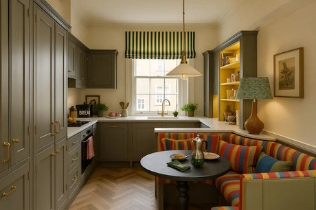Bright and modern dining room idea featuring a galley kitchen in a UK semi-flat, showcasing natural light & open-plan design.