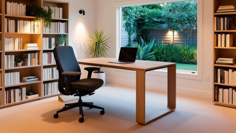 Home office furniture nearby a window.