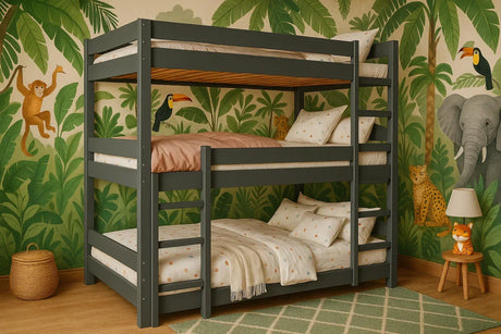 Kids bunk bed in a jungle-themed room.