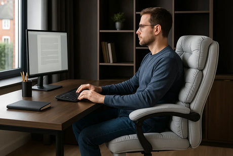 Person sitting on an ergonomic office chair at home desk, showing a comfortable work setup in a modern UK home office.