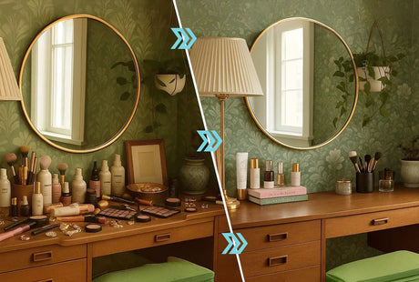 Image showing transformation of a messy and cluttered to an organised dressing table.