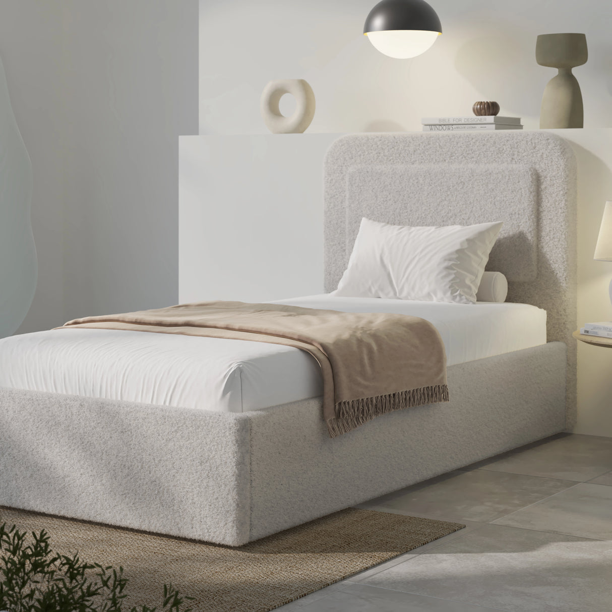 Boucle Upholstered Ottoman Storage Bed with Curved Headboard