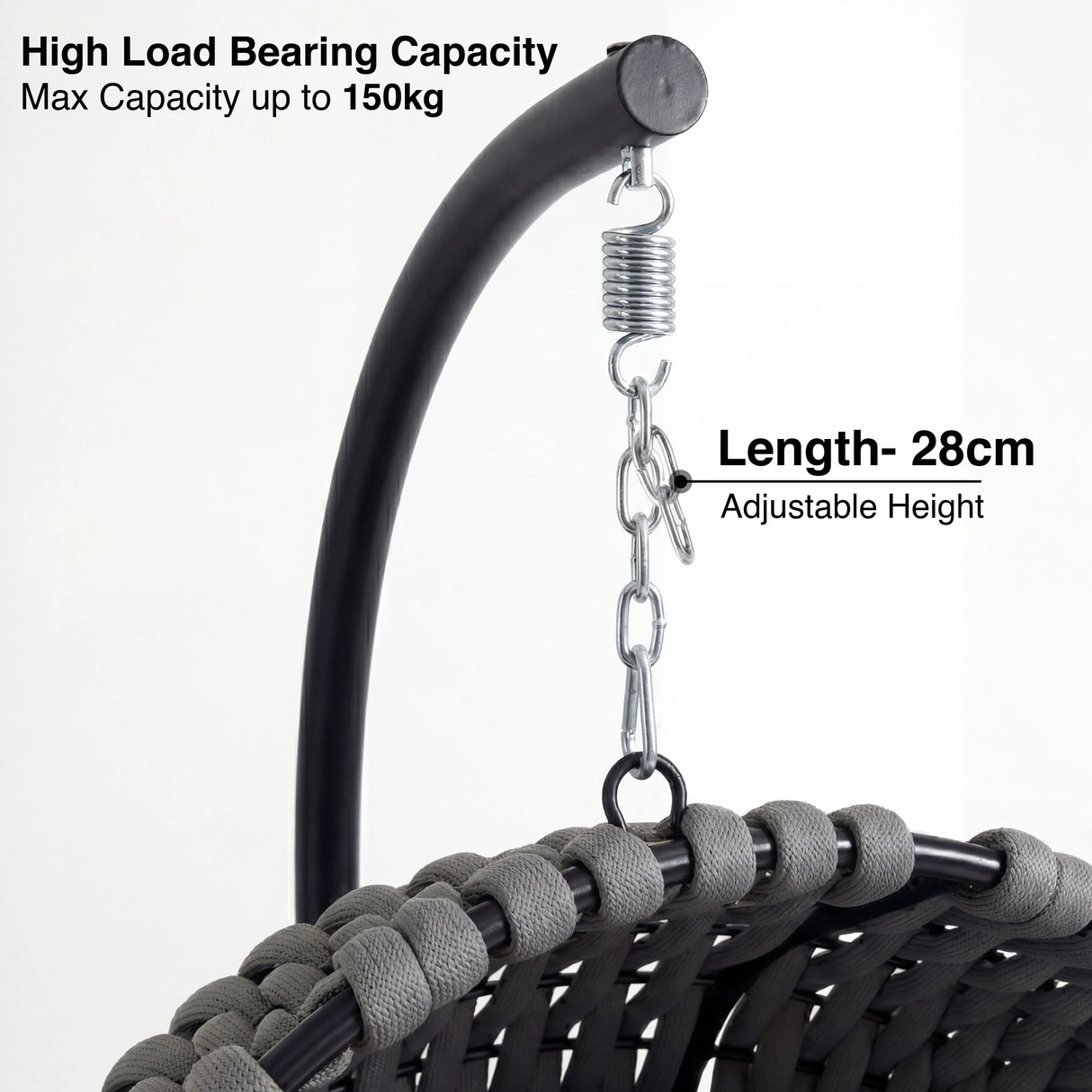 Round Garden Hanging Egg Chair with adjustable 28cm chain and spring, supports up to 150kg for secure outdoor seating.