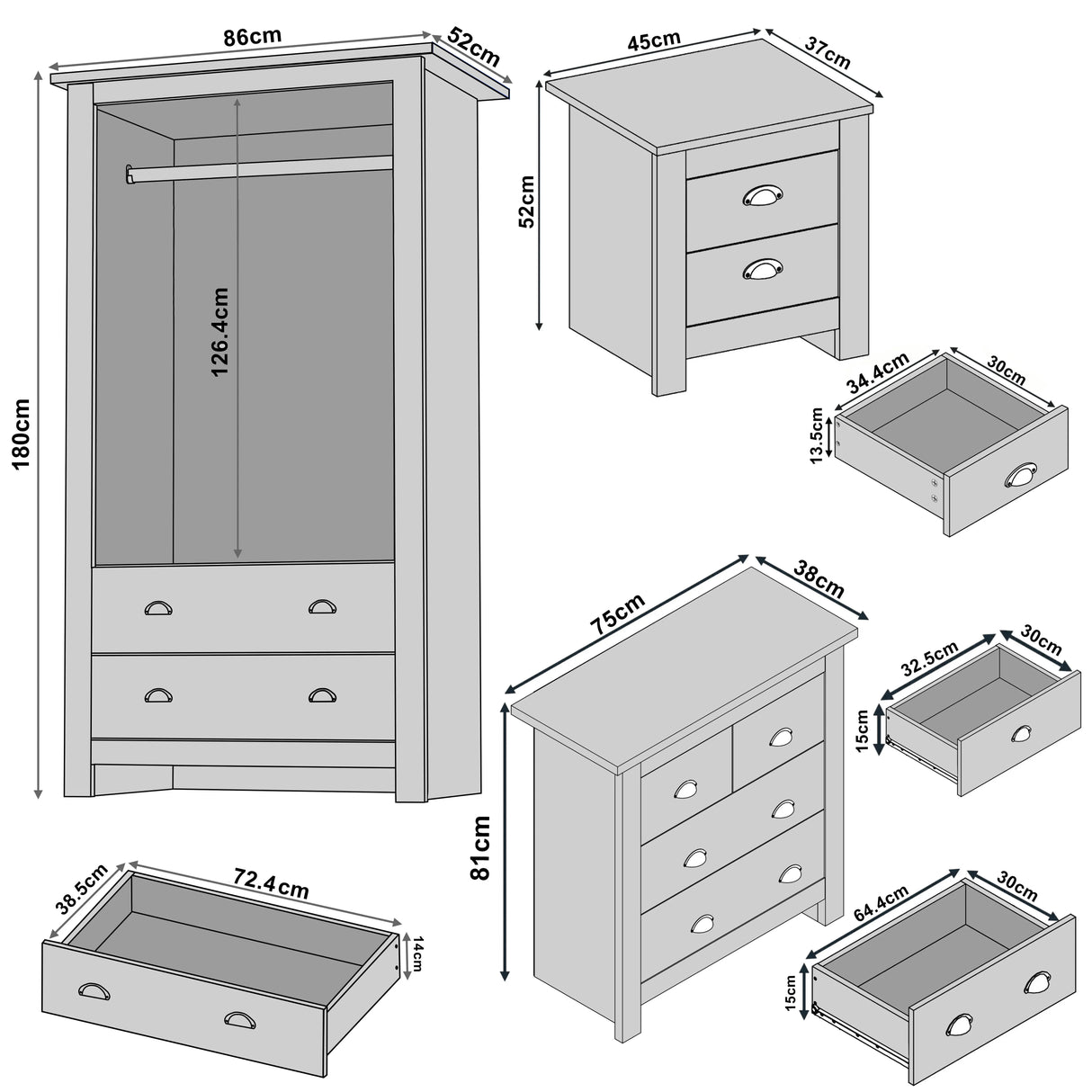 Shaker 3 Piece Bedroom Set - Wardrobe with Chest of Drawers