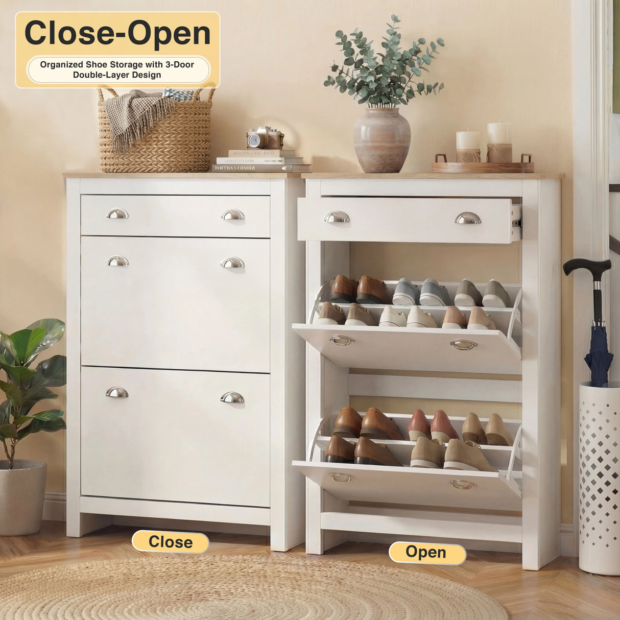 Shoe Cabinet With Drawer - 2 Door Slim Shoe Storage Unit