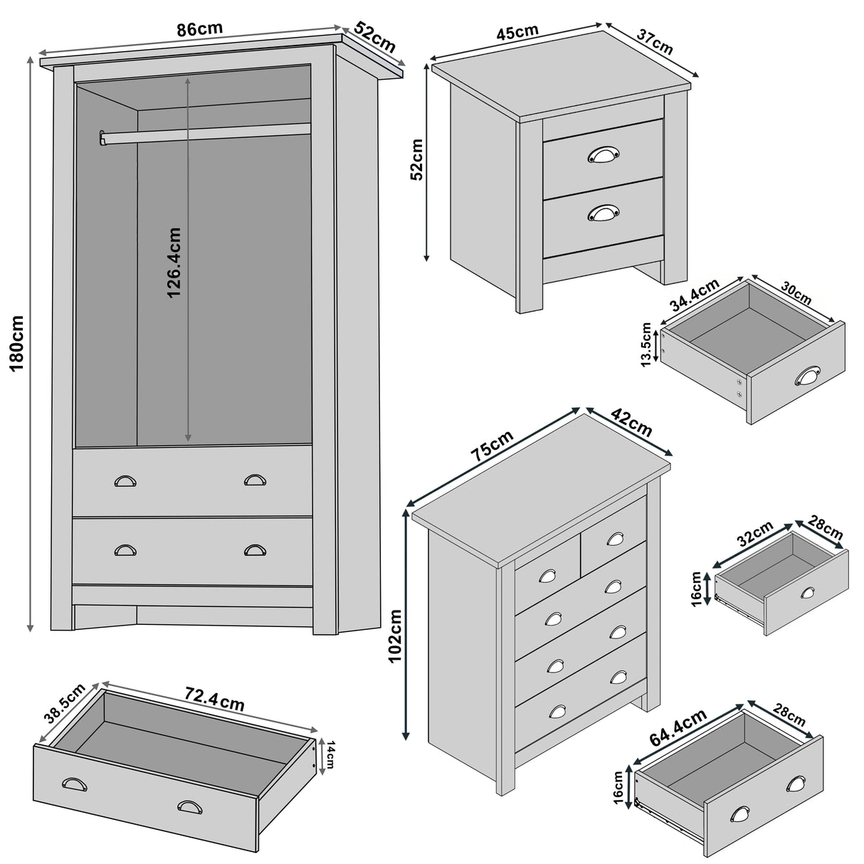 Shaker 3 Piece Bedroom Furniture Set - Wardrobe and Chest of Drawers