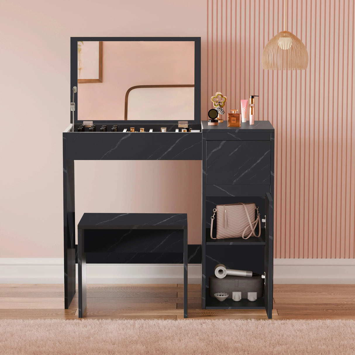 Black dressing table with mirror and storage featuring a flip-up mirror, drawers, open shelves, and matching stool. Ideal makeup vanity desk for girls.