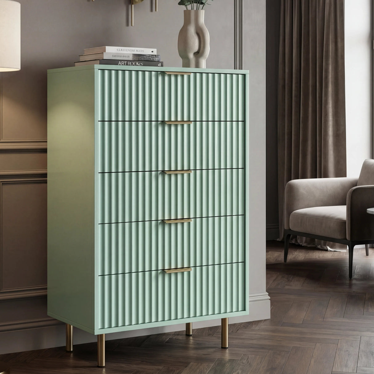 Flutrina Painted Tall Chest of 5 Drawers with Metal Handles