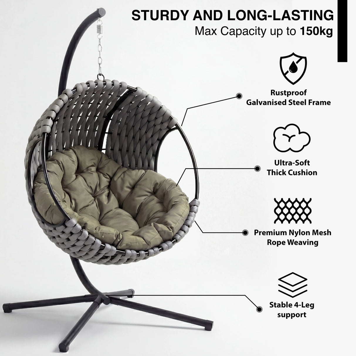 Round Garden Hanging Egg Chair with green cushion and labeled features like rustproof frame and thick padding for outdoor durability.