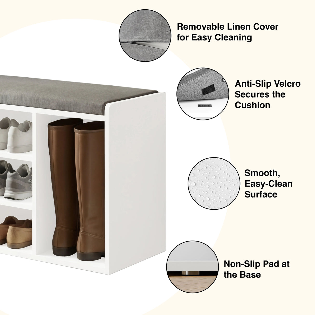 Shoe Storage Bench with Cushion featuring removable linen cover, anti-slip Velcro, smooth easy-clean surface, and non-slip base pad. Ideal for hallway use.