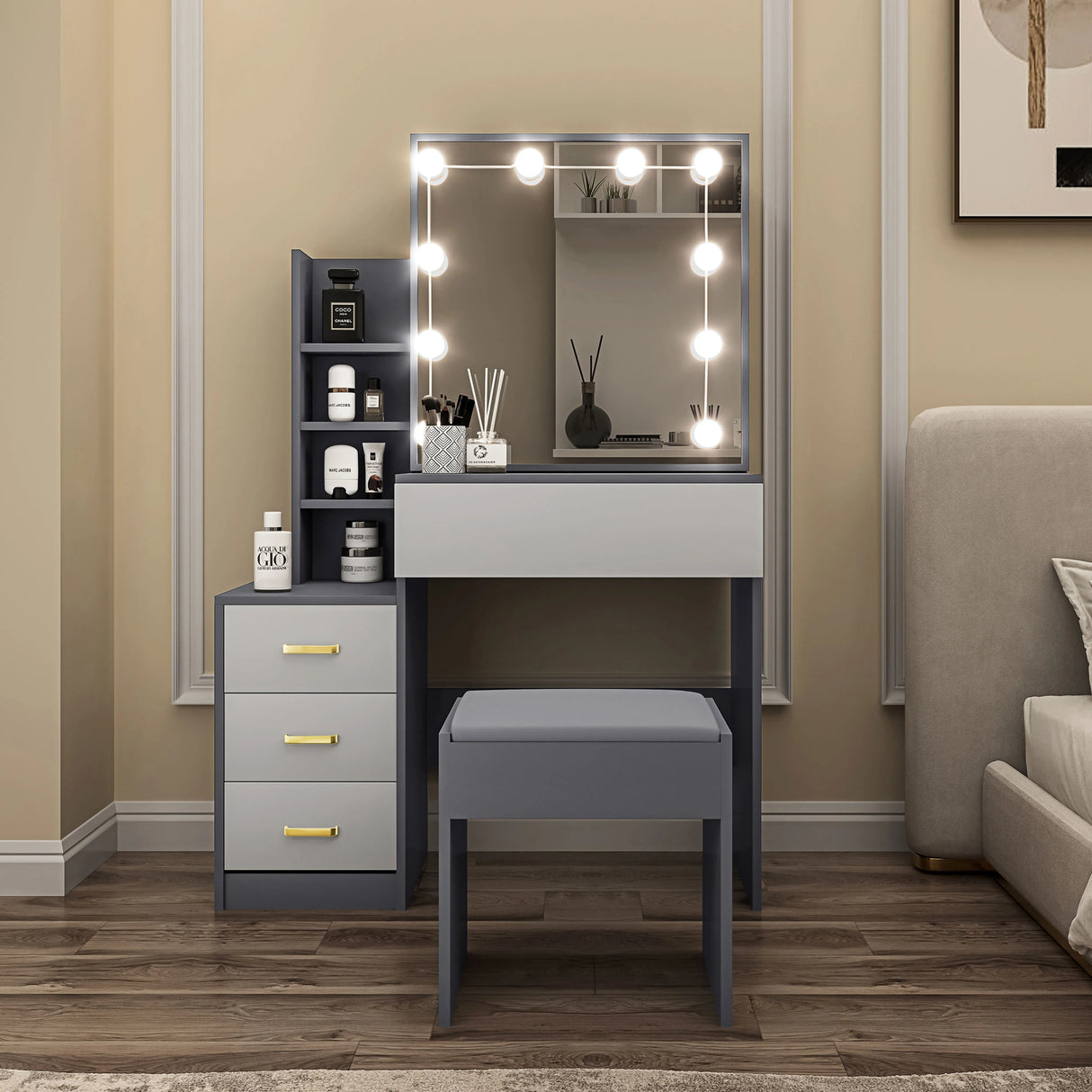 Hollywood Mirror Dressing Table with Storage, Drawers Vanity Makeup Desk