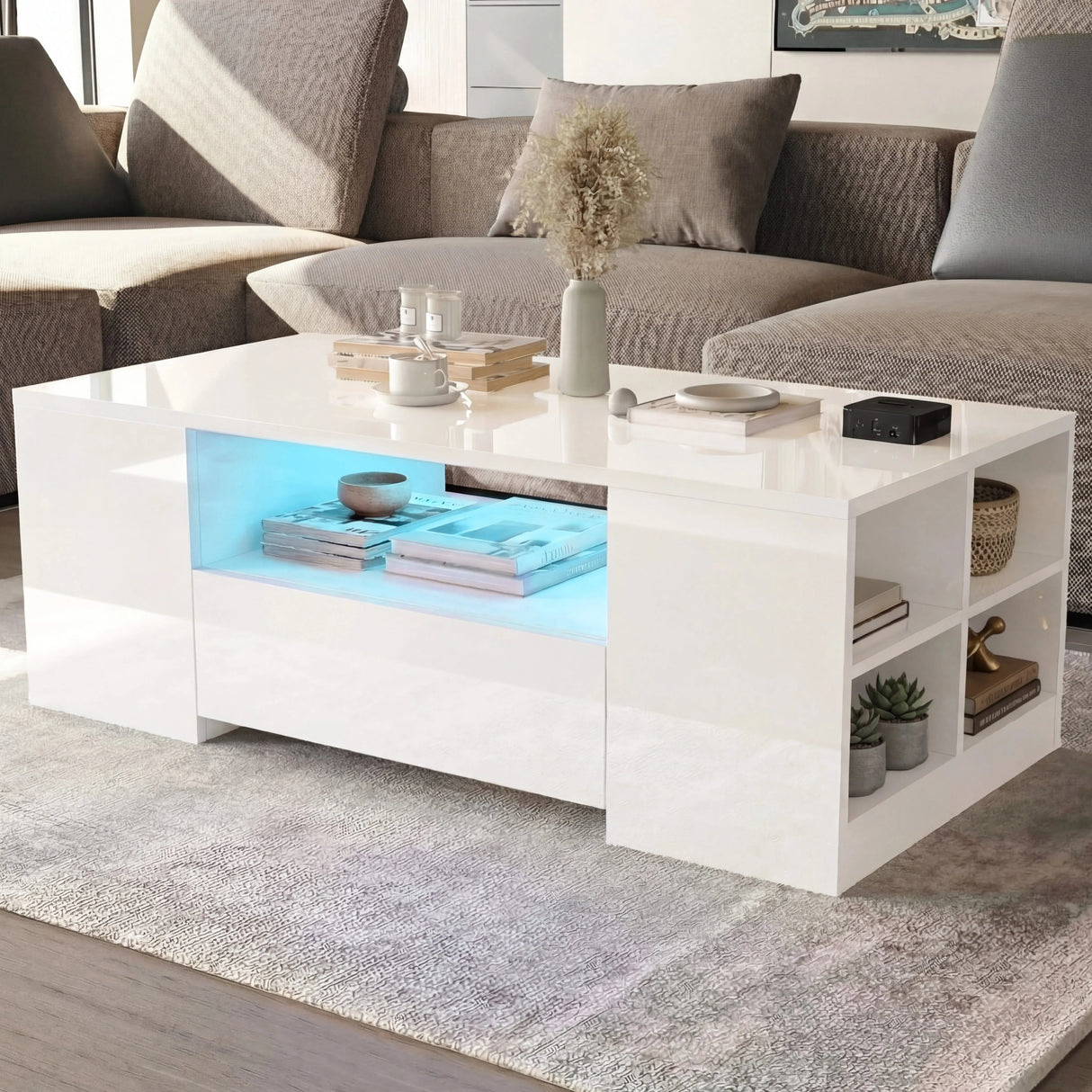 High Gloss Coffee Table with Drawers Storage and LED Lights in white finish, featuring open shelves and ambient blue LED lighting for modern living rooms.