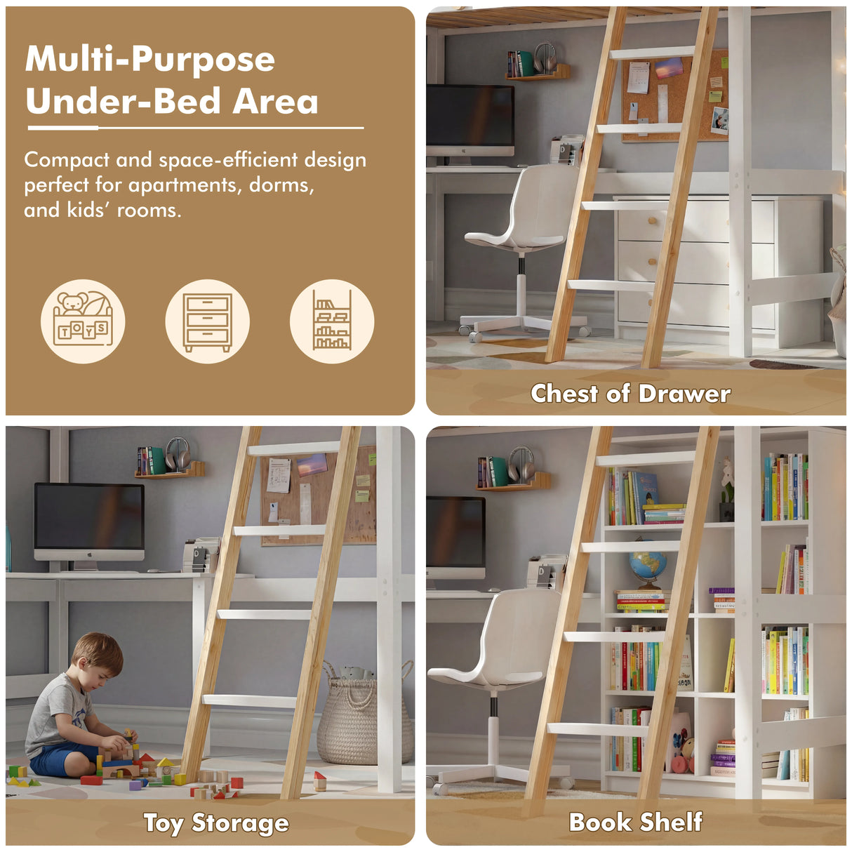 Bunk Bed With Desk - High Sleeper Loft Bed Frame For Kids featuring a multi-purpose under-bed area with chest of drawer, toy storage, and bookshelf.