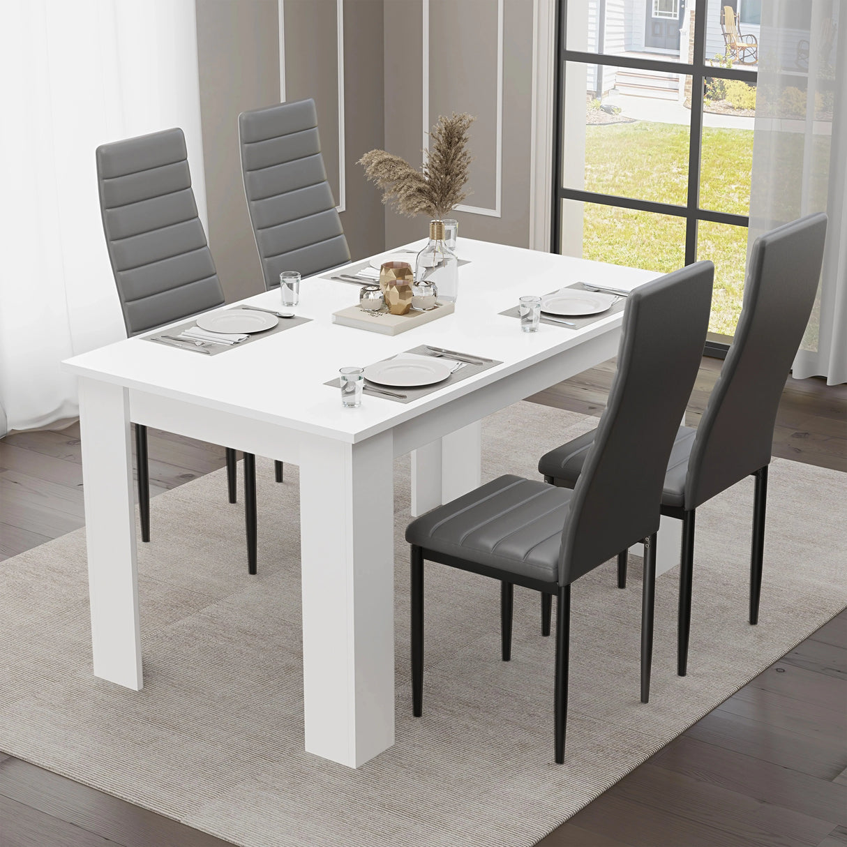 Modern 4-6 Seater White Dining Table and Chairs Set