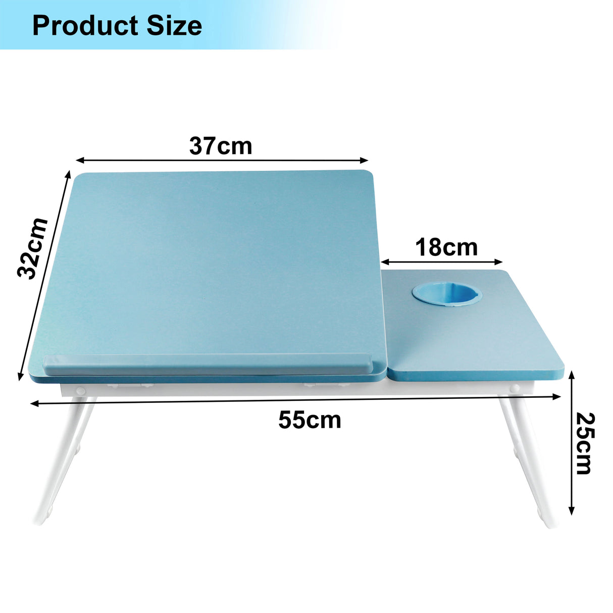 Portable Folding Laptop Desk with height adjustable legs and built-in cup holder, measuring 55cm wide and 25cm tall, ideal for bed or sofa use.