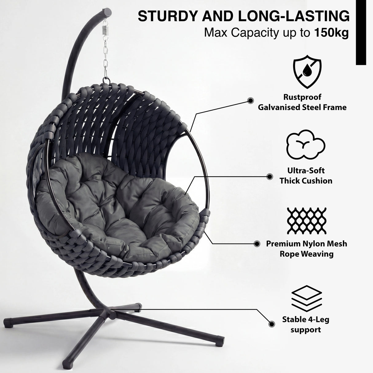 Round Garden Hanging Egg Chair features labeled including rustproof frame, thick cushion, nylon mesh weaving, and 4-leg support for durability.