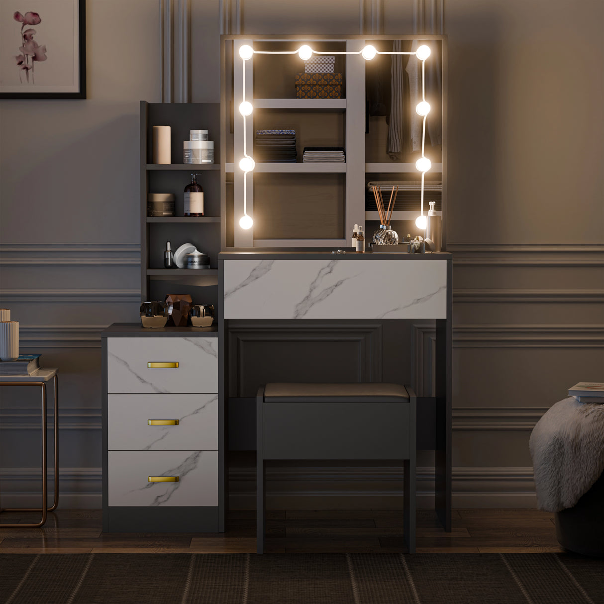 Hollywood Mirror Dressing Table with Storage - DHS Vanity Makeup Desk in black and white finish, featuring LED mirror, drawers, shelves, and stool.