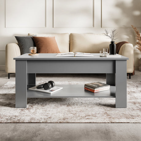 Lift Top Storage Coffee Table in grey with hidden compartment and lower shelf, perfect for modern UK living rooms. 120cm wide lift up tea table design.