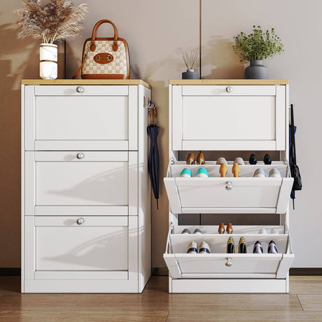 White Shoe Cabinet With Doors with wood top and 3-tier storage, ideal for modern hallway organization.