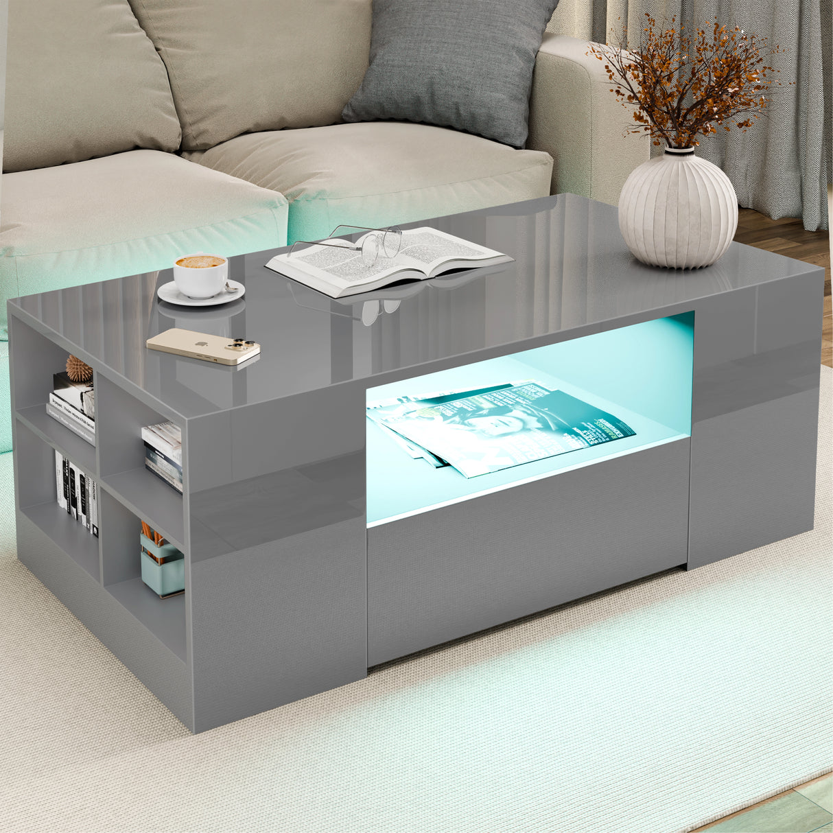 High Gloss LED Coffee Table with Storage Drawers