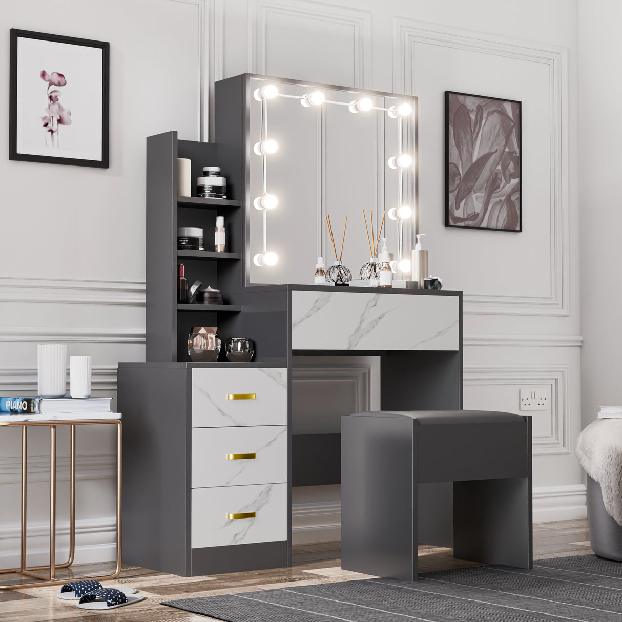 Hollywood Mirror Dressing Table with Storage - DHS Vanity Makeup Desk in black and white with LED lights, drawers, shelves, and cushioned stool.