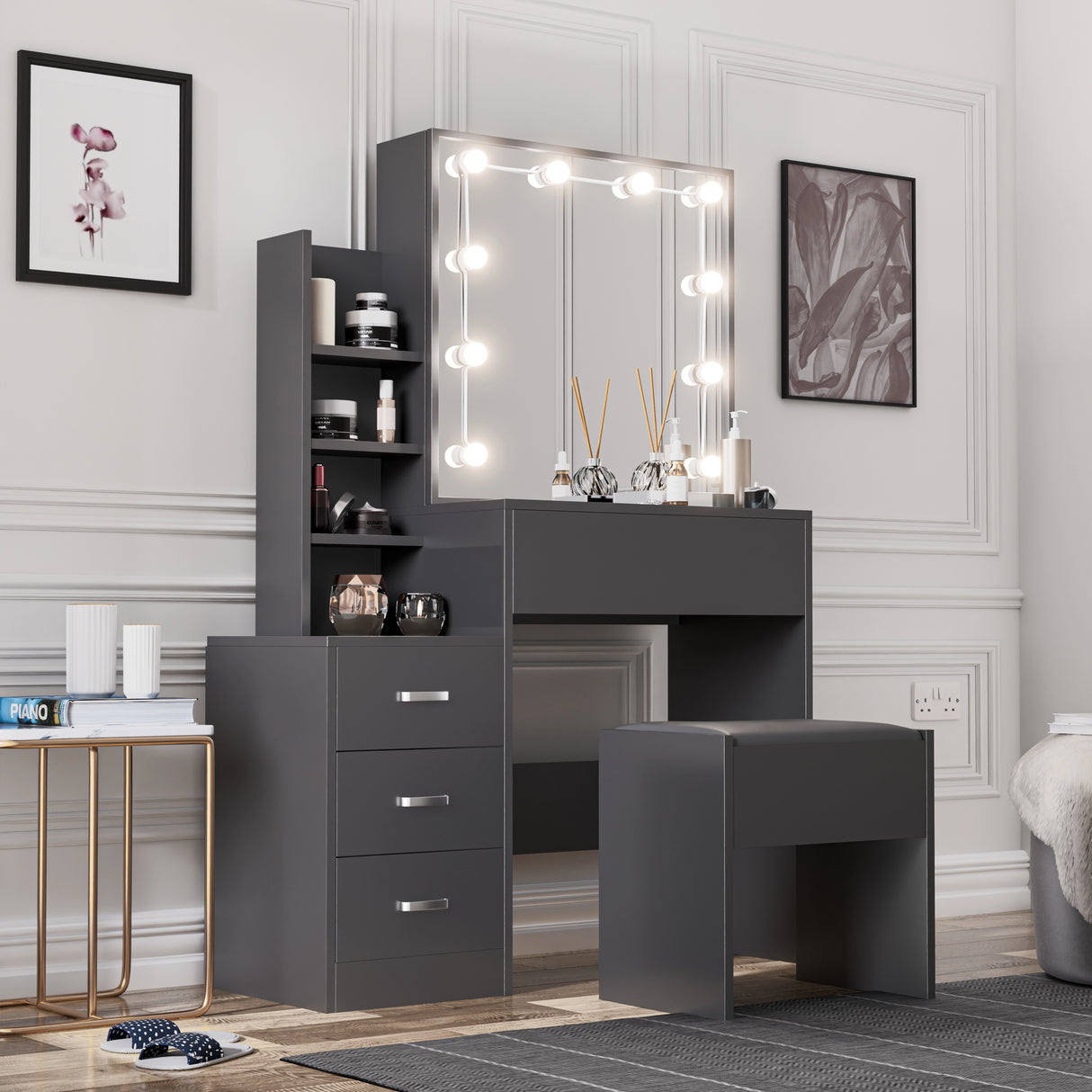 Hollywood Mirror Dressing Table with Storage - DHS Vanity Makeup Desk in matte black finish featuring LED mirror, drawers, shelves, and cushioned stool. Ideal for modern bedroom interiors and beauty organization.