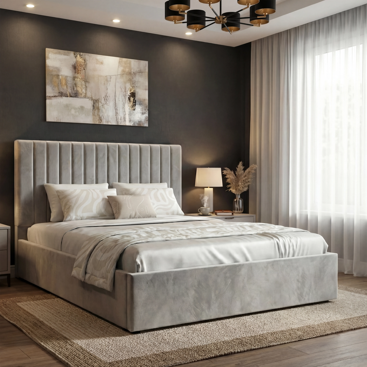 Vertical Line Ottoman Storage Bed - Velvet Ottoman Bed Frame