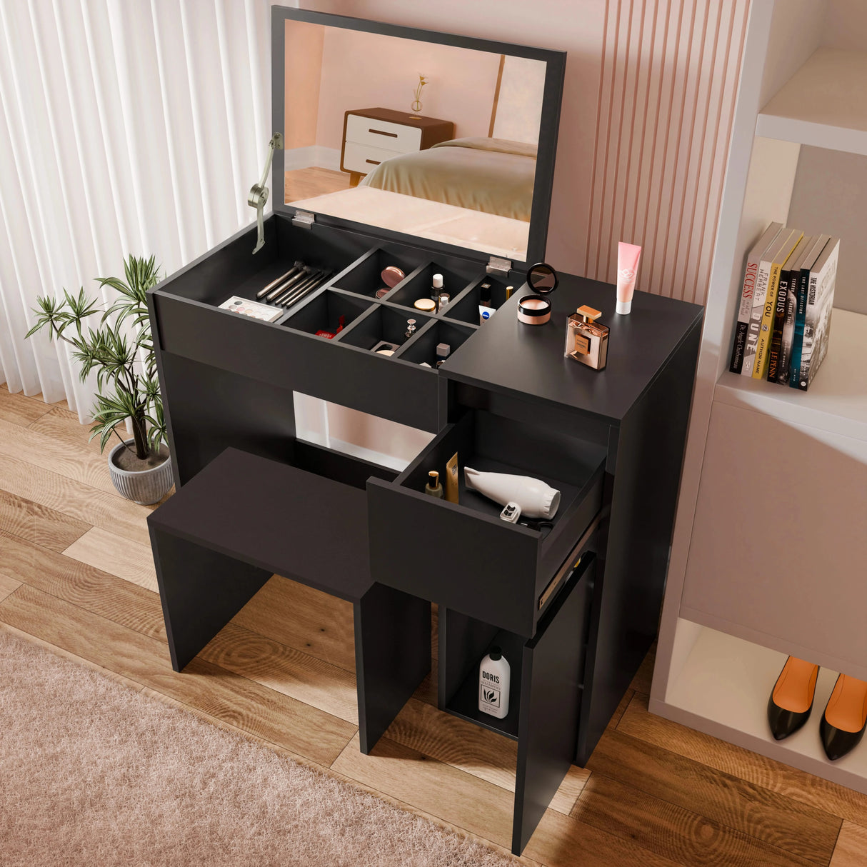 Black dressing table with mirror and storage compartments, featuring drawers and a matching stool, ideal for girls' bedroom vanity setup.