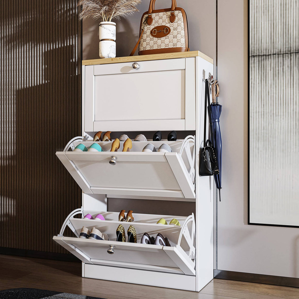 White Shoe Cabinet With Doors in hallway with open drawers showcasing organized footwear.
