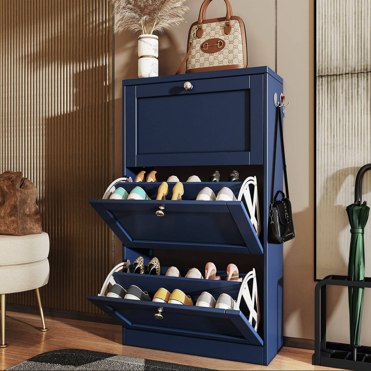 Side view of navy Shoe Cabinet With Doors with two drawers open, showcasing organized footwear.