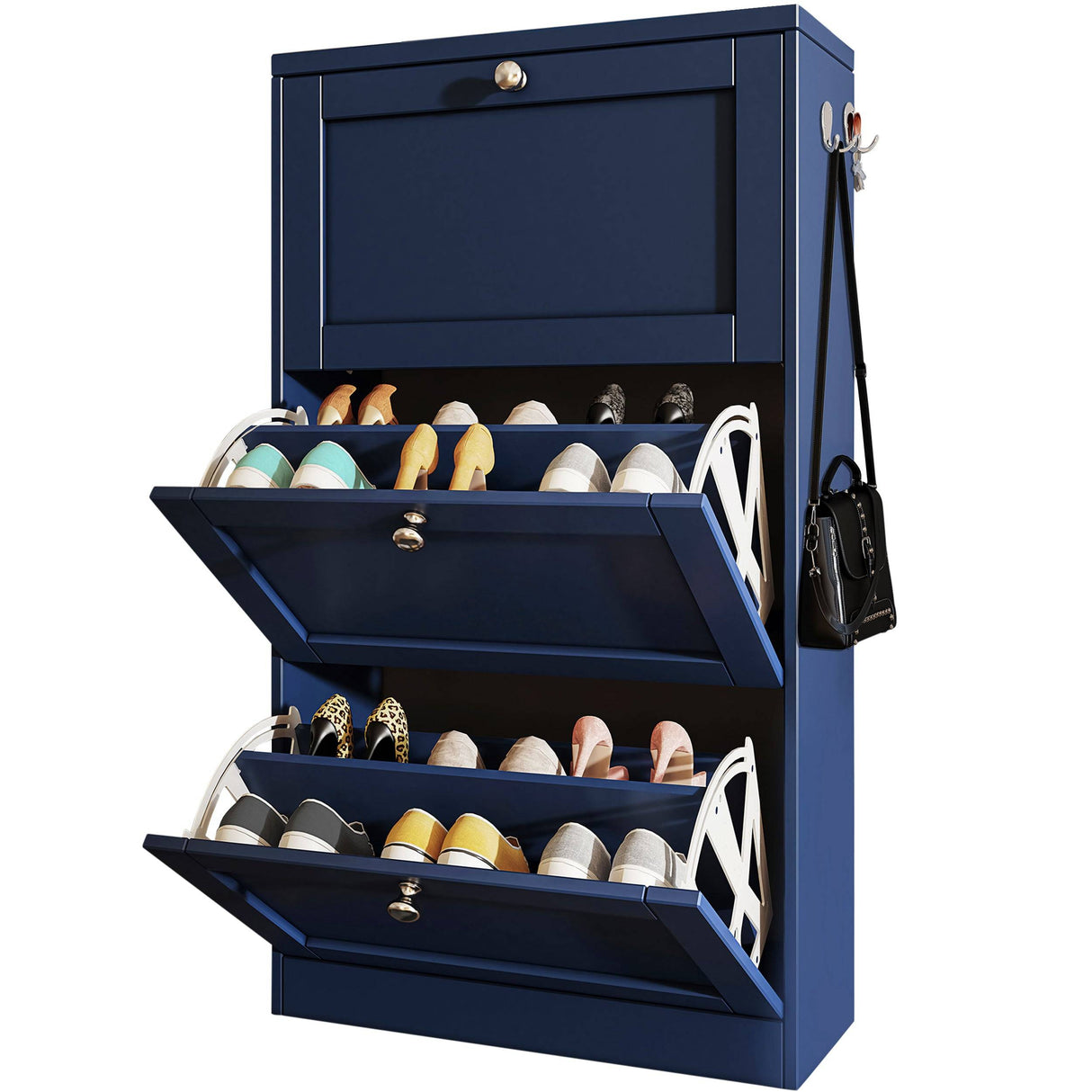 Navy blue Shoe Cabinet With Doors with open drawers displaying assorted shoes in a compact design.