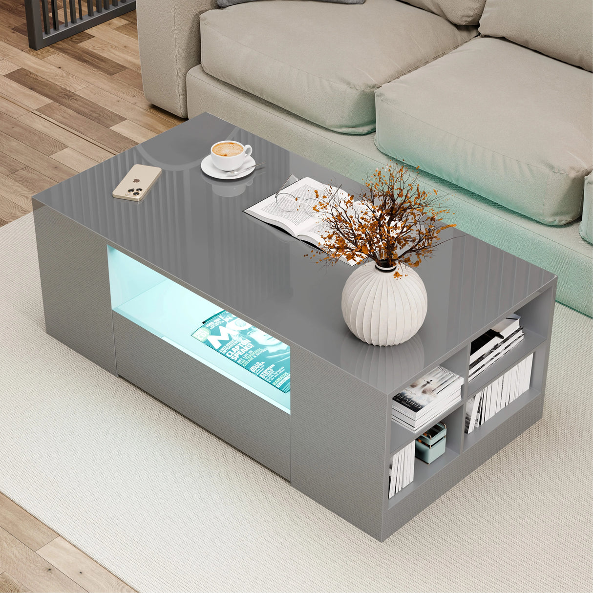 High Gloss LED Coffee Table with Storage Drawers for Living Room UK in grey finish, featuring open shelving, drawers, and ambient LED lighting.