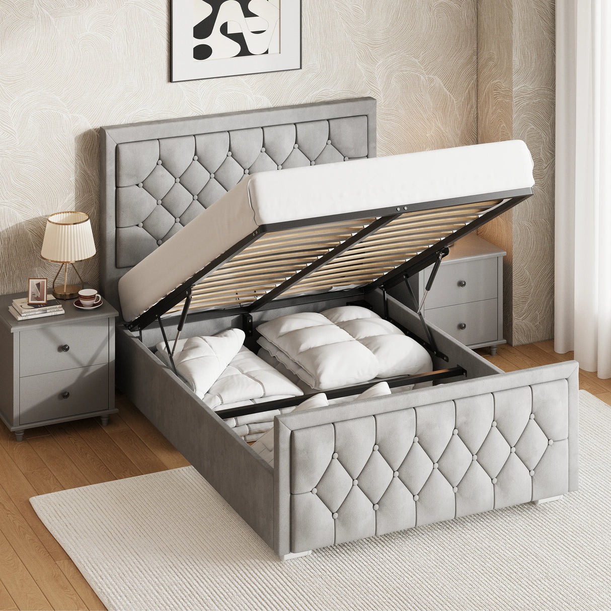 Cross Puffed Ottoman Storage Bed - Velvet Ottoman Bed Frame