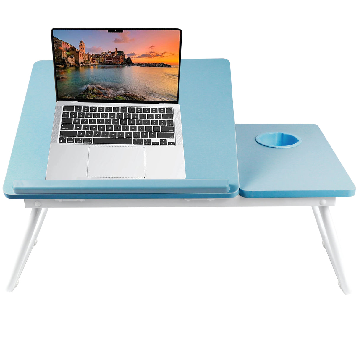 Portable Folding Laptop Desk in blue with height adjustable legs and built-in cup holder, ideal for bed or sofa use. DHS multifunctional table for home office.