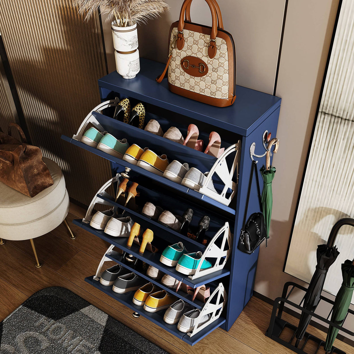 Top-down view of navy Shoe Cabinet With Doors filled with shoes, highlighting its tiered storage system.