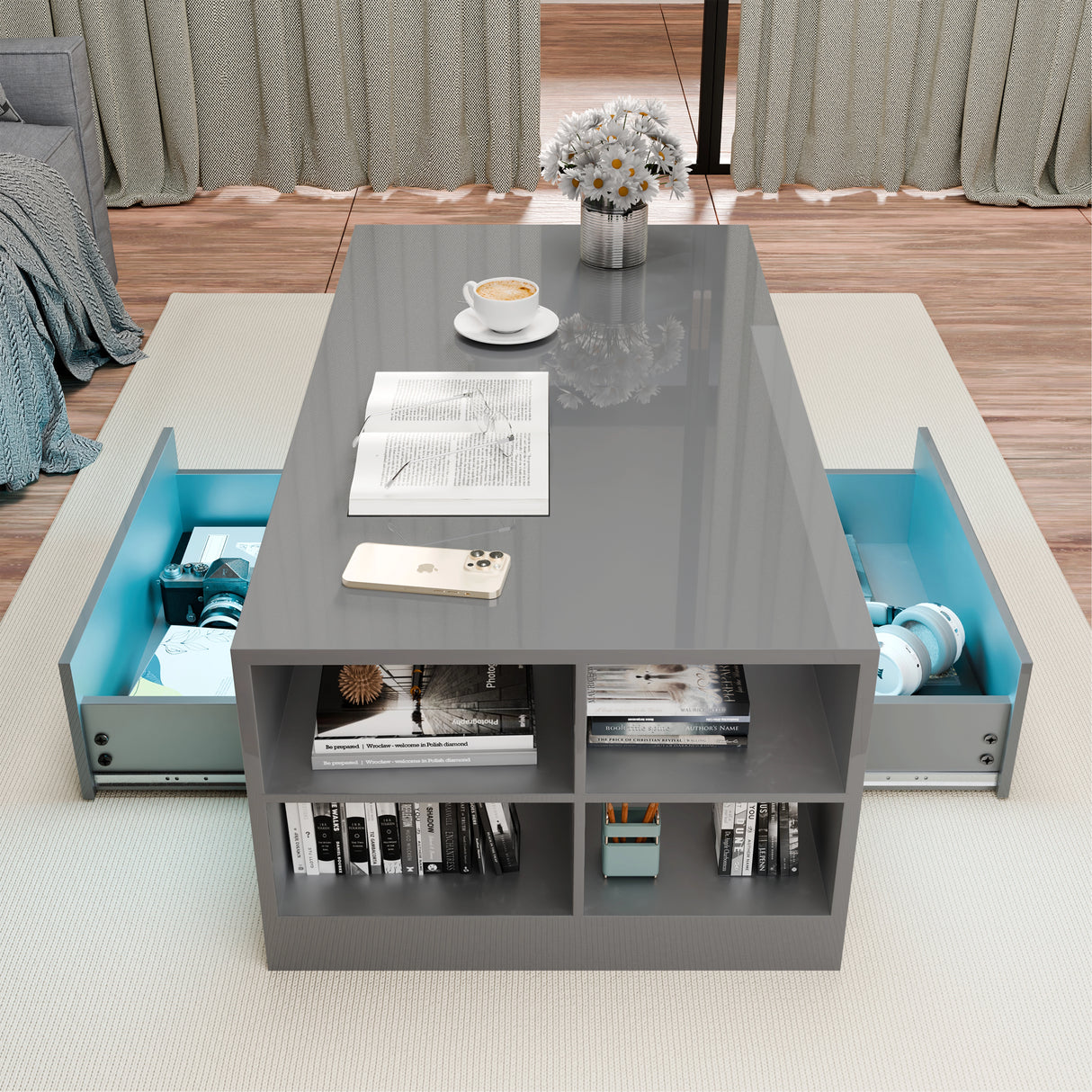 High Gloss LED Coffee Table with Storage Drawers