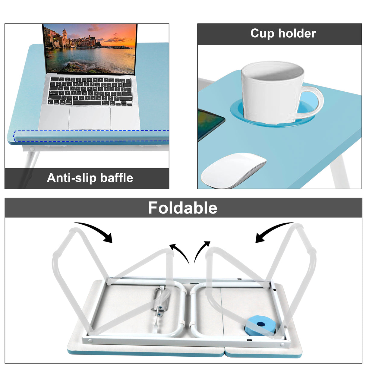 Portable folding laptop desk with anti-slip baffle and built-in cup holder, ideal for bed or sofa use. Height adjustable and foldable for easy storage.