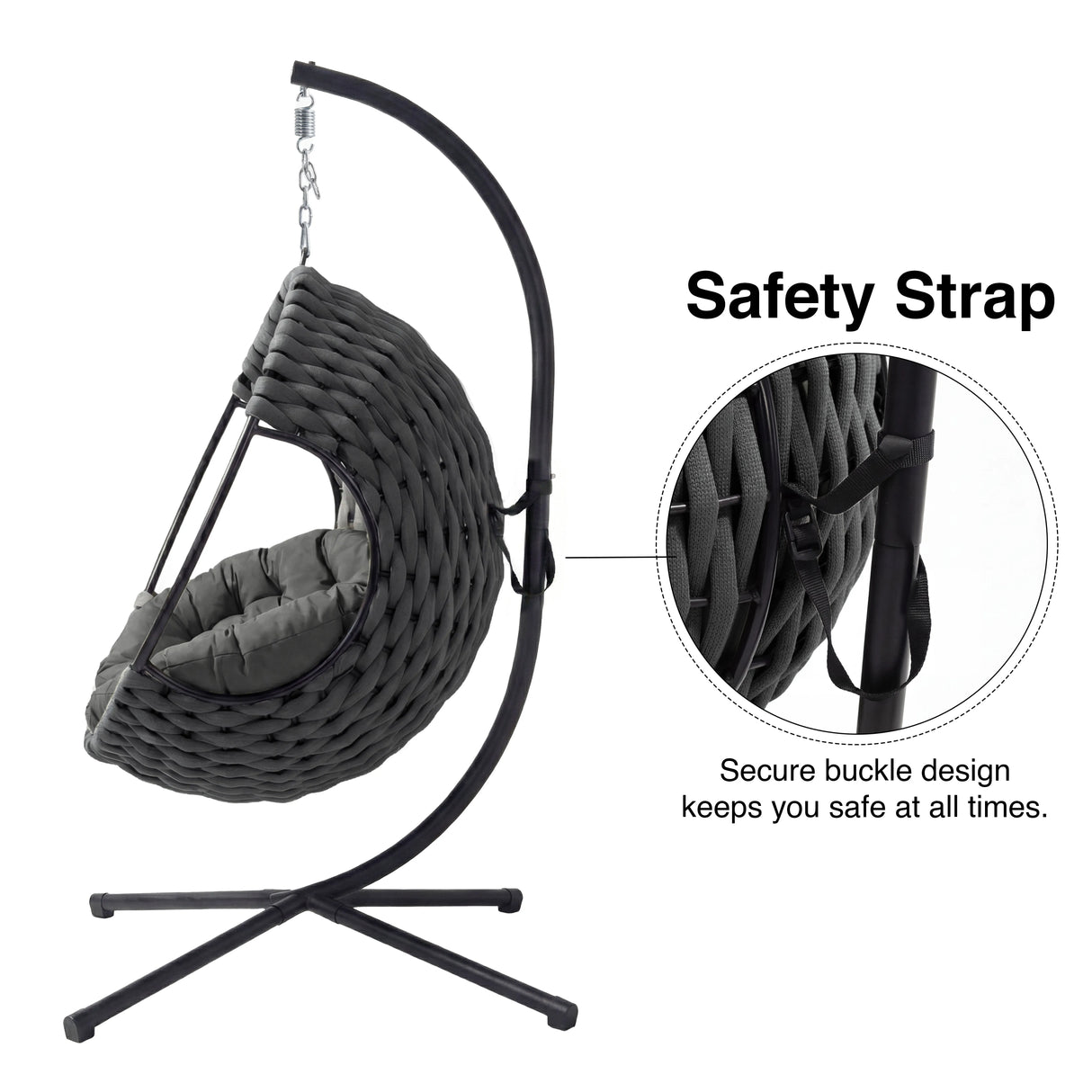 Round Garden Hanging Egg Chair side view showing safety strap with secure buckle design for added user protection and stability.