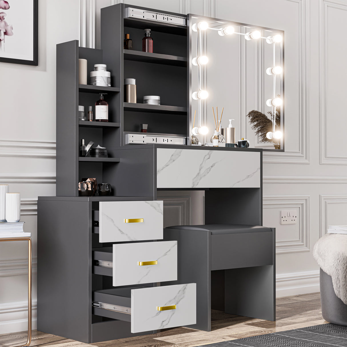 Hollywood Mirror Dressing Table with Storage, Drawers Vanity Makeup Desk