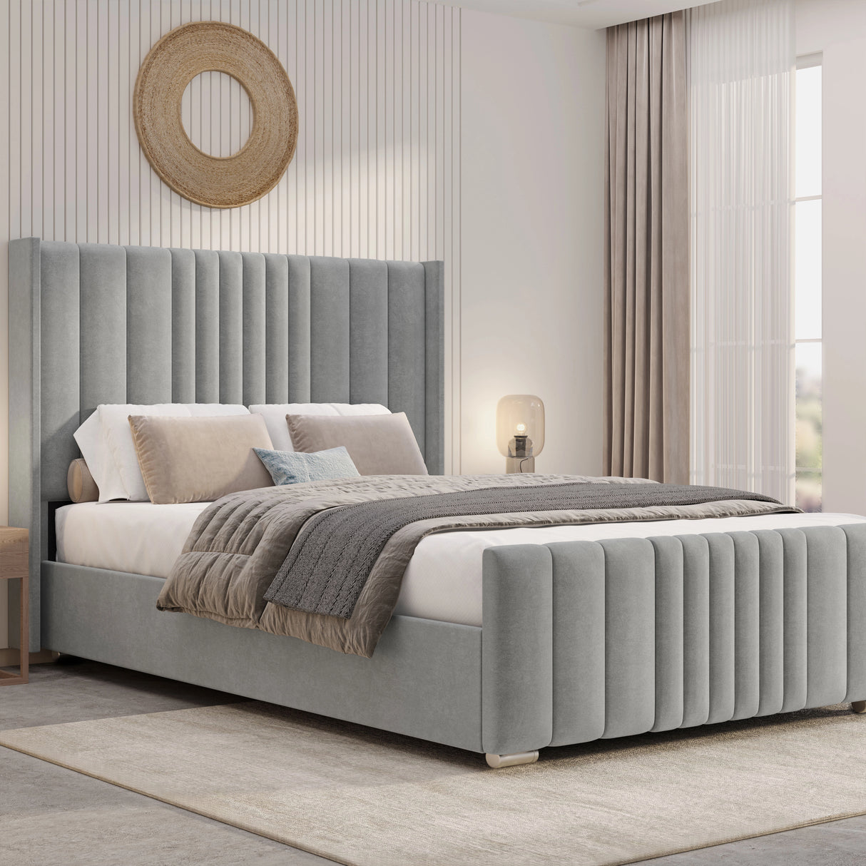 Winged Ottoman Bed Frame with Lines - Ottoman Storage Bed