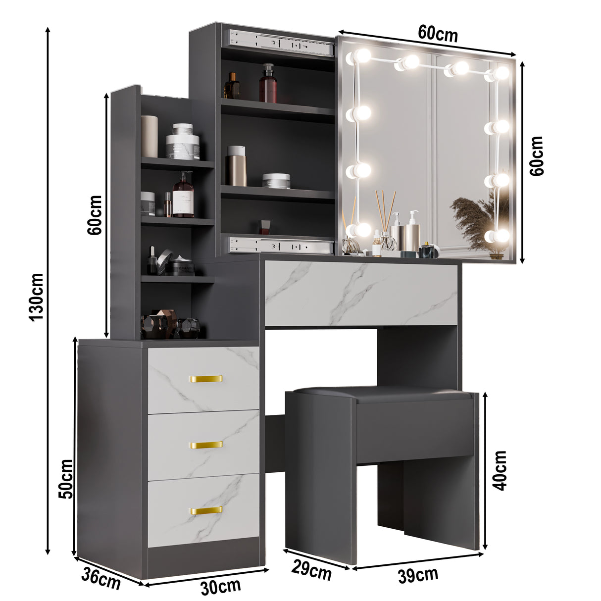 Hollywood Mirror Dressing Table with Storage - DHS Vanity Makeup Desk features LED mirror, drawers, shelves, and cushioned stool in black marble finish.