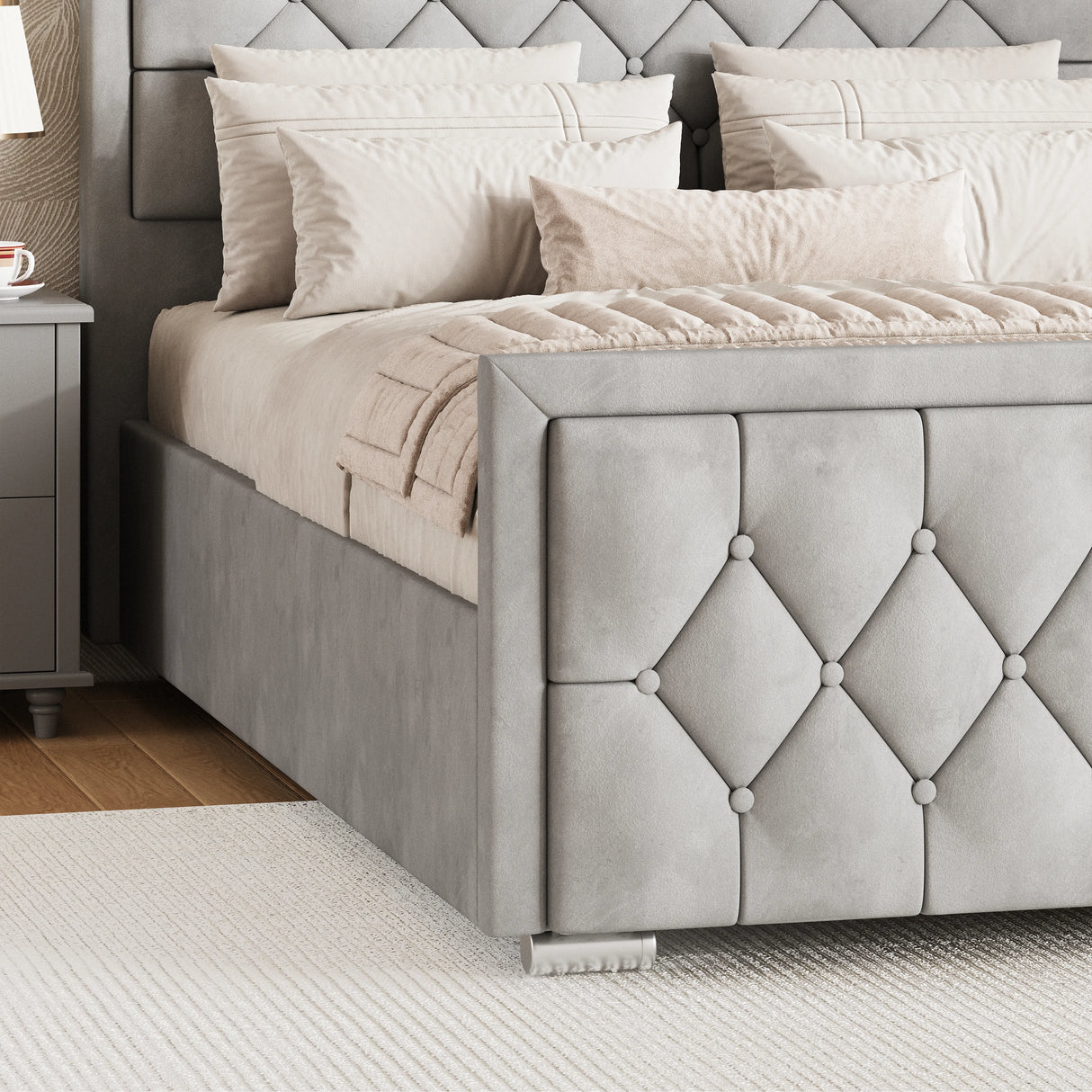 Cross Puffed Ottoman Storage Bed - Velvet Ottoman Bed Frame