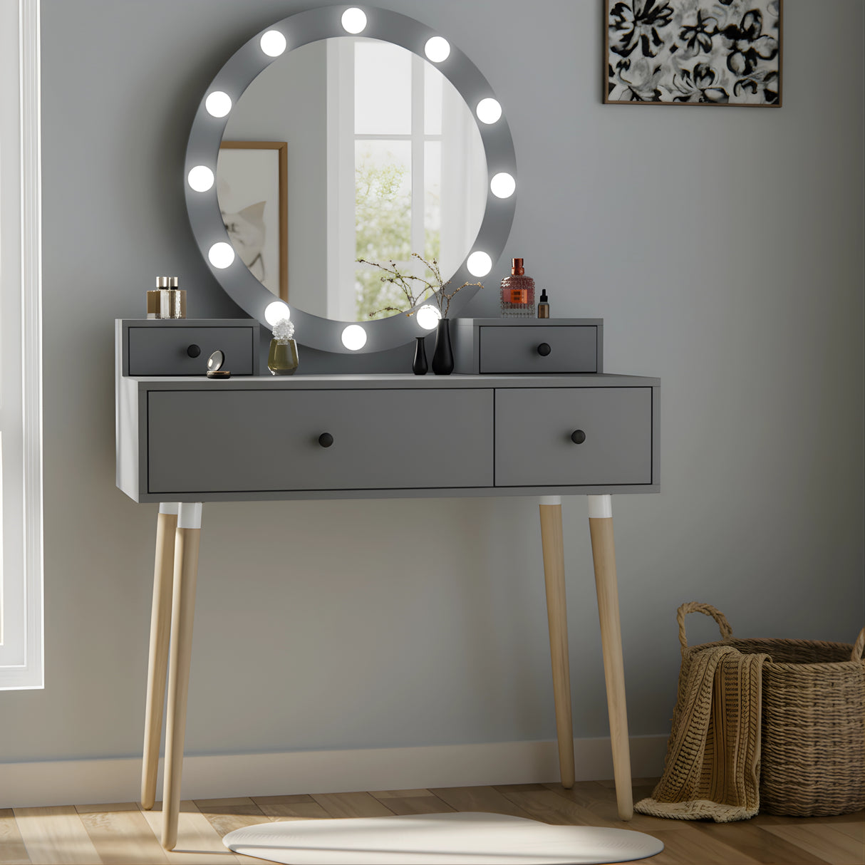 Dressing Table With Drawers and Hollywood Mirror Makeup Vanity Desk