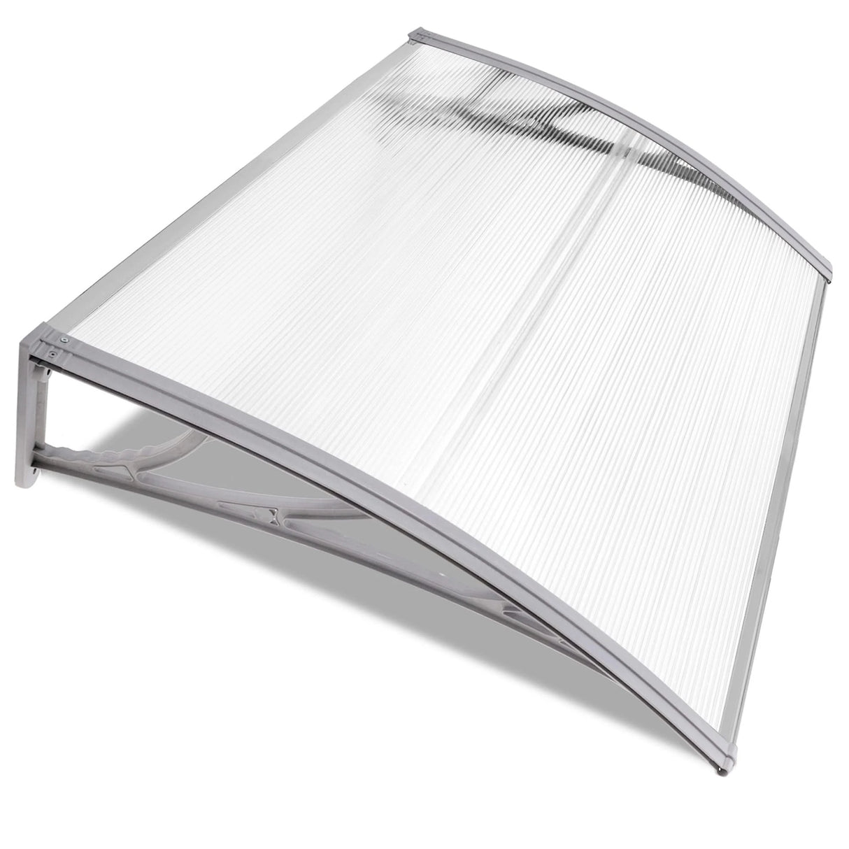 Waterproof front door canopy with curved polycarbonate panel and white frame, ideal for UV and rain protection. Stylish awning for modern entrances.