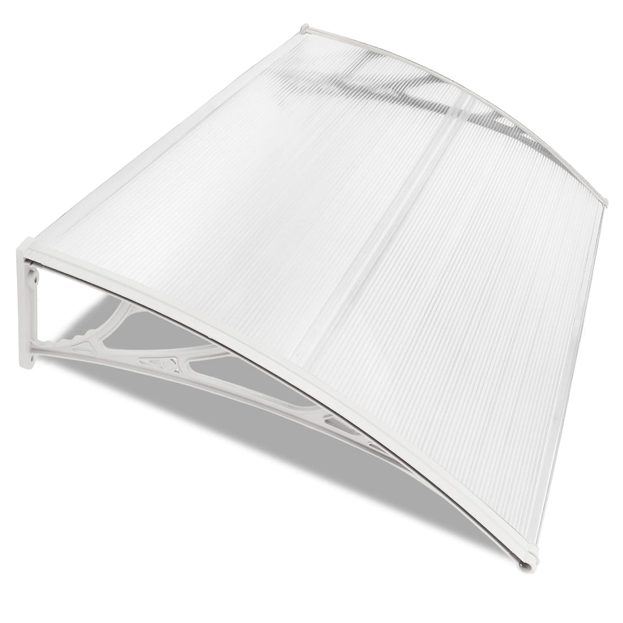 Modern waterproof door canopy with transparent polycarbonate cover and white frame, offering stylish rain and UV protection for home entryways.