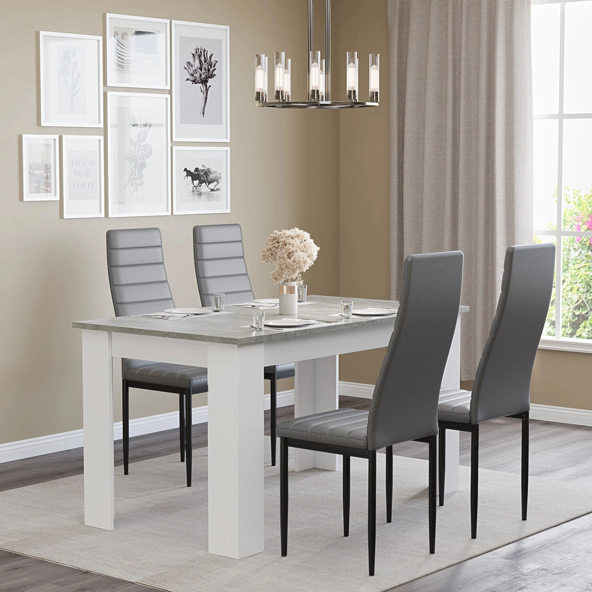 Grey Marble Finish 4-6 Seater Dining Table and Chairs Set