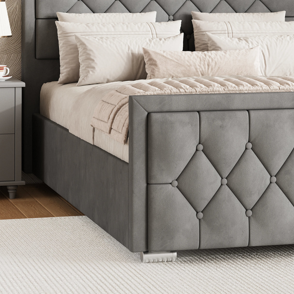 Cross Puffed Ottoman Storage Bed - Velvet Ottoman Bed Frame